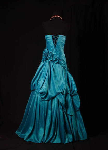 Vintage Strapless Blue Green Satin Pleated Floral Mermaid Long Party Dress Evening Gown