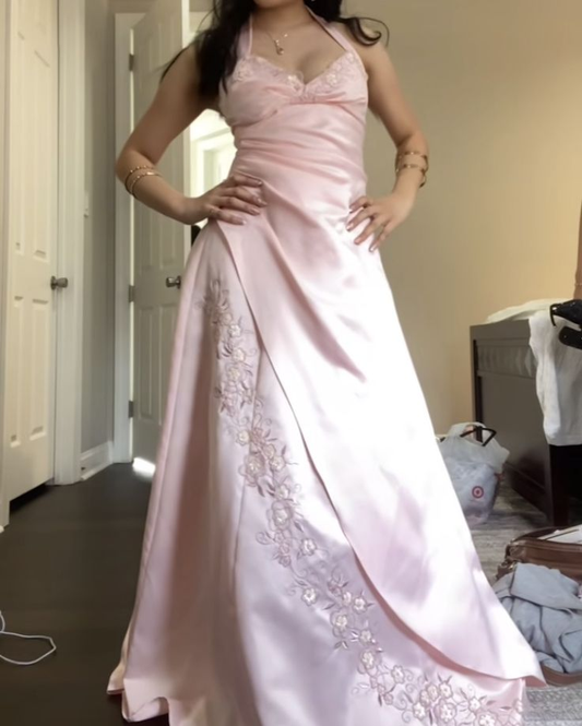 Classy Halter Pink Satin Mermaid Long Birthday Party Dress Evening Gown