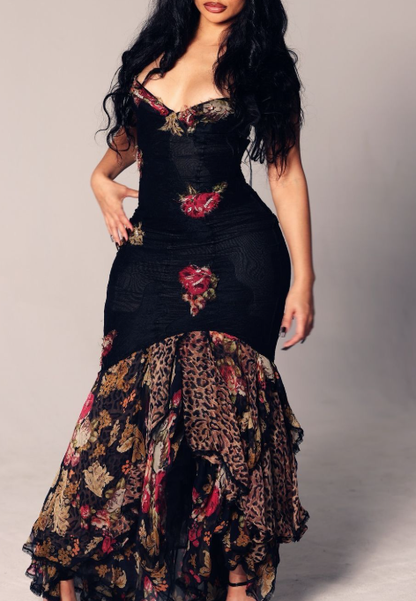 Gorgeous Black Spaghetti Straps Tulle Lace Floral Mermaid Evening Dress Long Party Dress Prom Gown