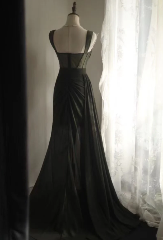 Vintage Green Spaghetti Straps Satin Beaded Mermaid Slit Long Evening Dress Party Gown