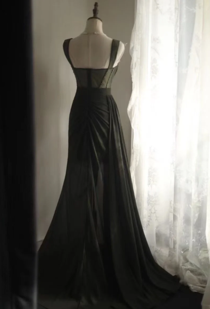 Vintage Green Spaghetti Straps Satin Beaded Mermaid Slit Long Evening Dress Party Gown