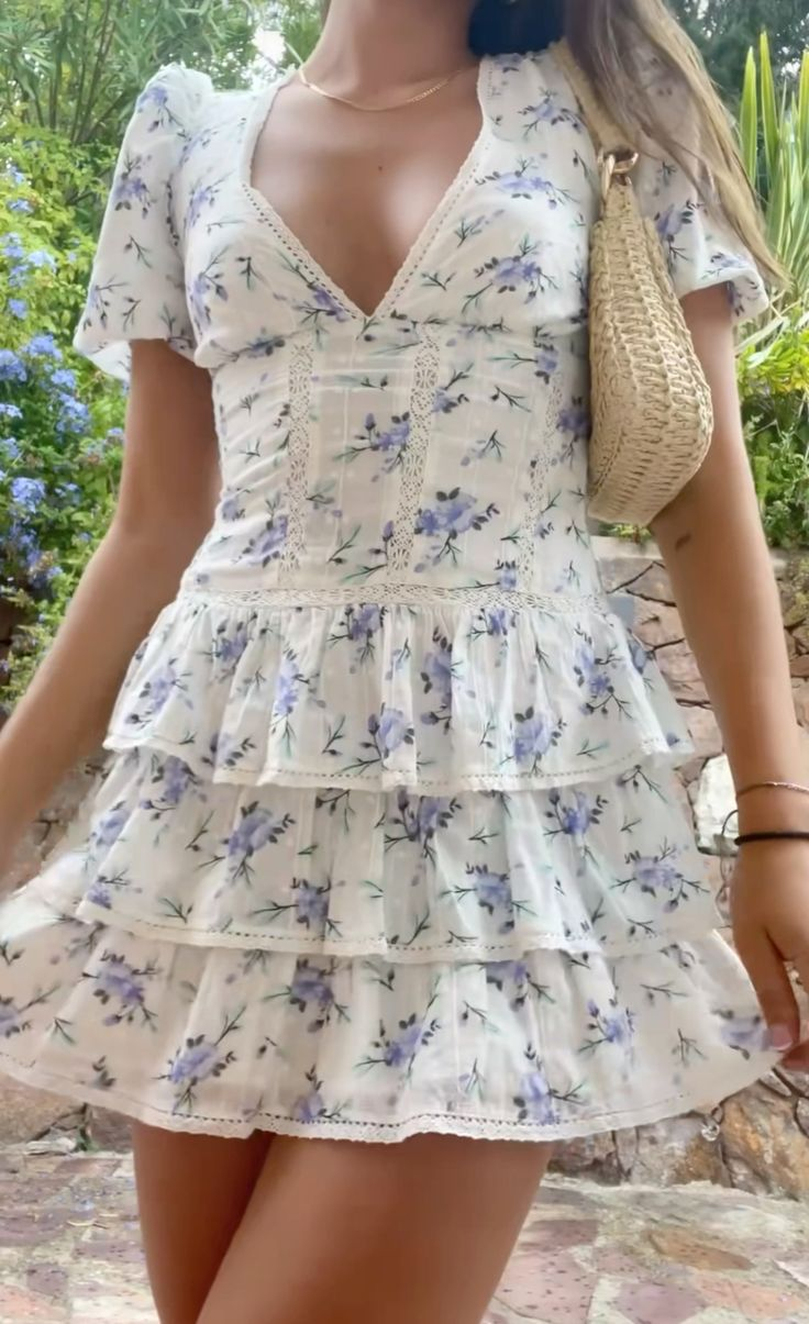 Deep V Neck Floral Dress,Cute A-line Homecoming Dress Y2317