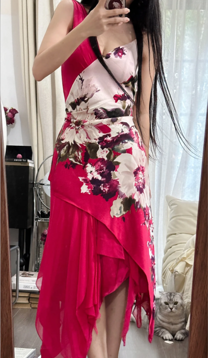 Charming Red V Neck Satin Floral Chiffon Mermaid Long Party Dress Birthday Dress D2298