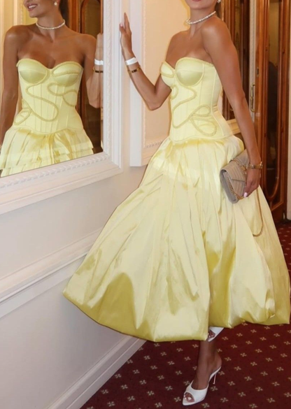 Charming Sweetheart Neck Yellow Satin Long Wedding Guest Dress Birthday Party Dress SP1226