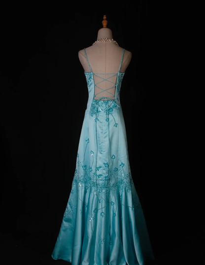 Gorgeous Blue Spaghetti Straps Satin Beaded Mermaid Long Birthday Prom Dress Party Dress D2275
