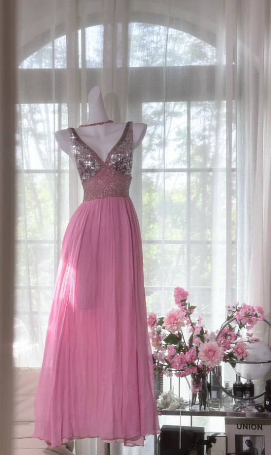 Pretty Pink V Neck Sequin Chiffon A Line Long Wedding Guest Dress Formal Party Dress Prom Dresses D2093