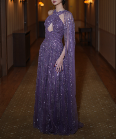 Shiny Purple Tulle Sequin Beaded A Line Long Wedding Guest Dress Formal Birthday Party Dress Evening Dress D1925