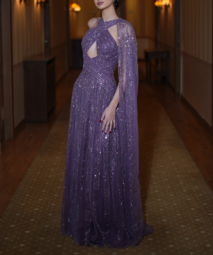 Shiny Purple Tulle Sequin Beaded A Line Long Wedding Guest Dress Formal Birthday Party Dress Evening Dress D1925