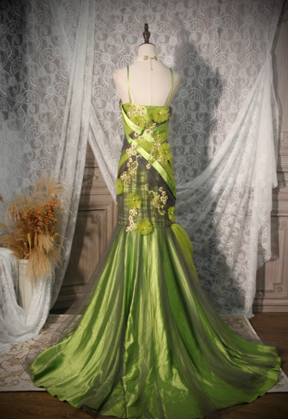 Vintage Green Spaghetti Straps Satin Tulle Appliques Mermaid Prom Dress Long Evening Dress D2250