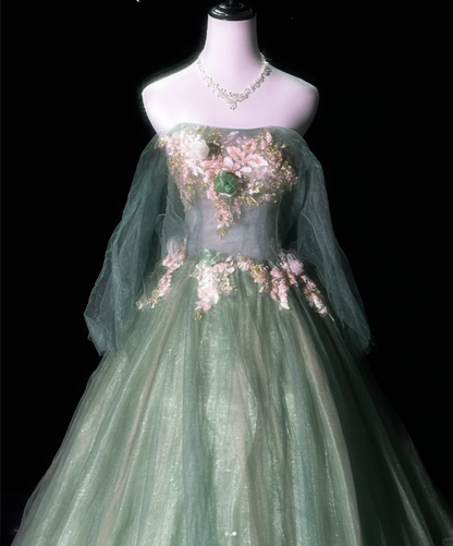 Charming Green Tulle Lace Appliques Long Prom Dress Evening Gown