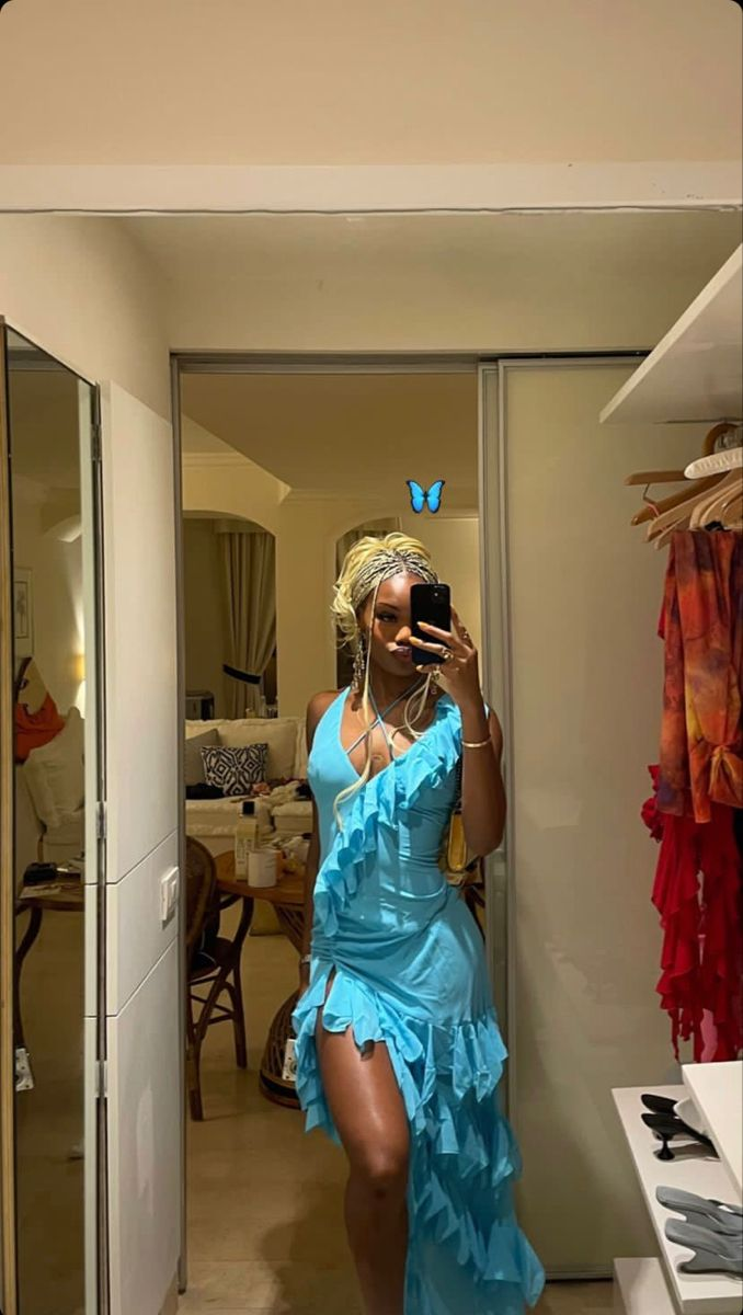 Unique Blue V Neck Chiffon Ruffle Slit Long party Dress Birthday Prom Gown