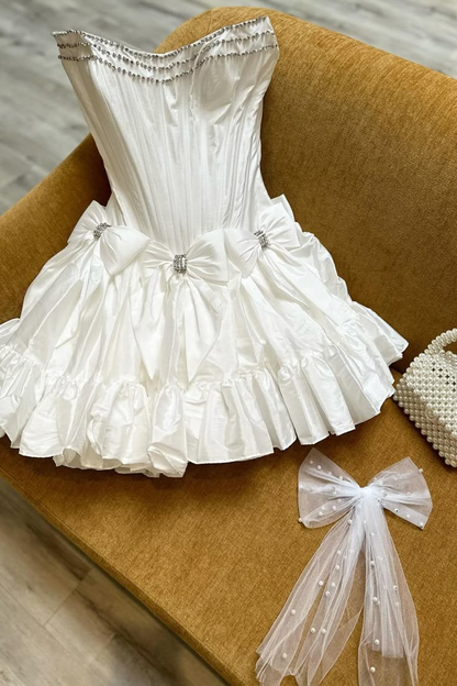 White Strapless Satin Beaded Short Homecoming Dress Cocktail Dress With Bow S398