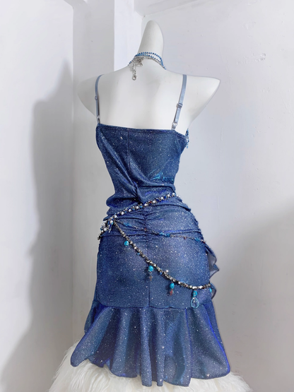 Glitter Spaghetti Straps Navy  Blue Ruffles Short Homecoming Dress Birthday Outfits  S607