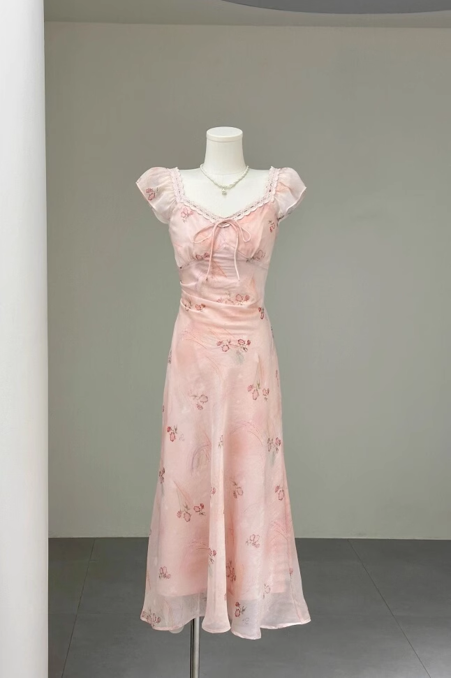 French V-Neck Pink Small Flying Sleeve Floral Dress S216