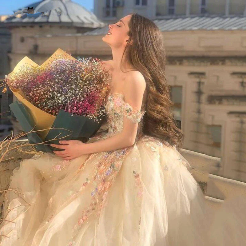 Gorgeous Off Shoulder Champagne Lace Floral Prom Dress, Long 3D Flower Champagne Formal Evening Dress, Champagne Ball Gown c3143