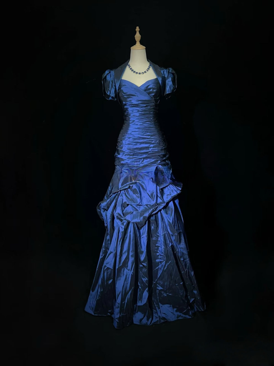 Vintage Blue Satin Pleated Mermaid Long Party Gown Formal Prom Dress