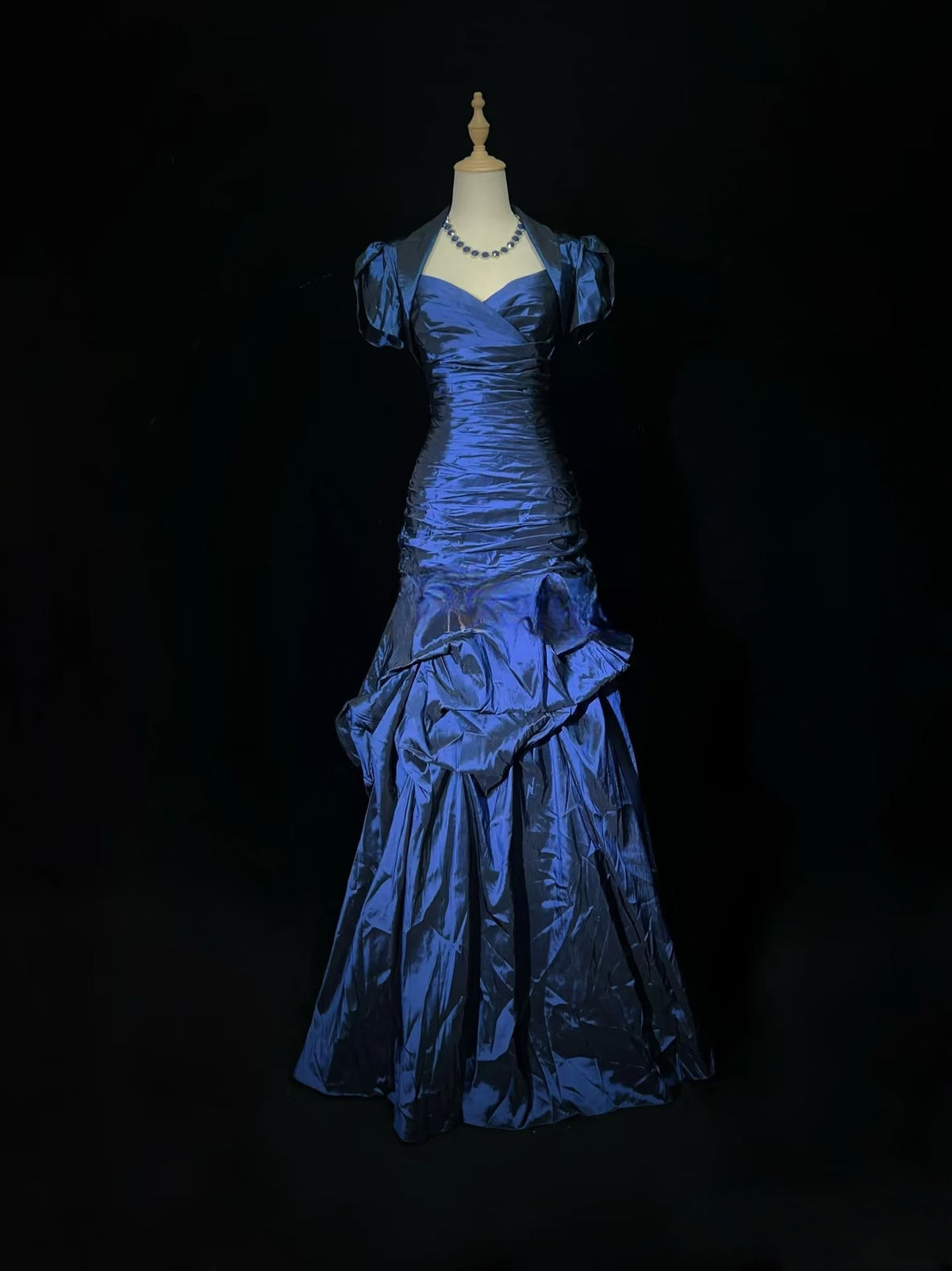 Vintage Navy Blue Satin Pleated Mermaid Evening Gown Long Party Dress SP131