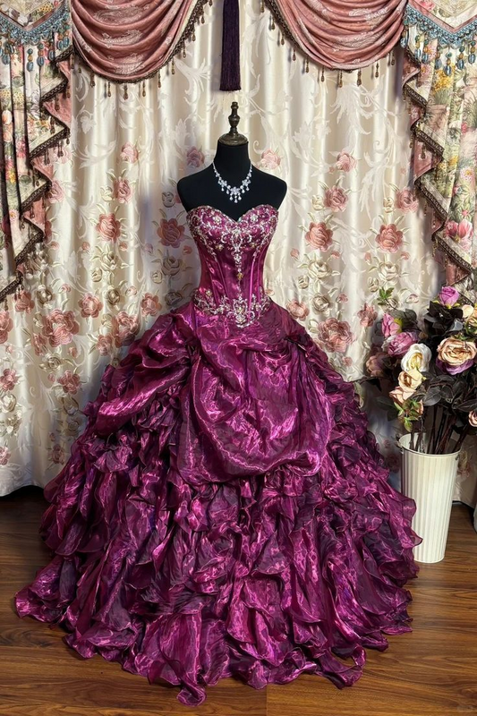 Gorgeous Strapless Purple Beaded Organza Pleated Ball Gown Sweet 16 Dress