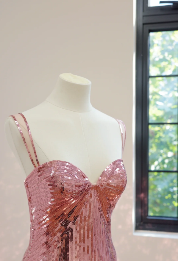 Sparkly Spaghetti Straps Pink Sequin Long Birthday Party Dress Evening Gown