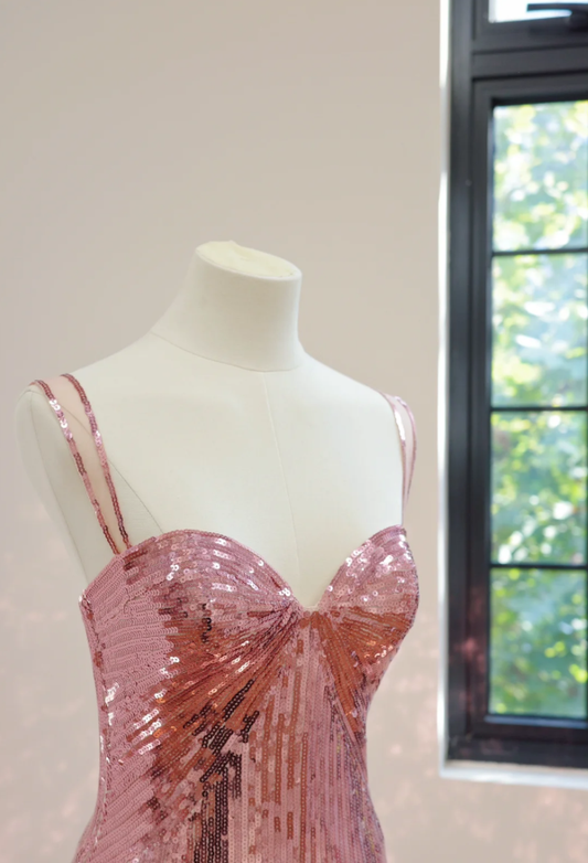 Sparkly Spaghetti Straps Pink Sequin Long Birthday Party Dress Evening Gown