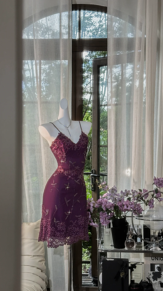 Vintage Spaghetti Straps Purple Lace Appliques Beaded Sheath 8th Grade Homecoming Dress Short Birthday Outfits S724