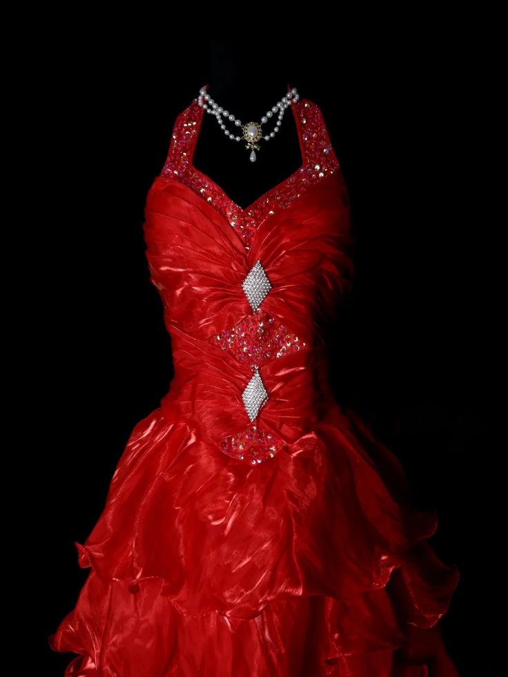 Gorgeous Red Halter V Neck Beaded Organza Pleated Layered Mermaid Long Evening Dress Prom Dress D1881