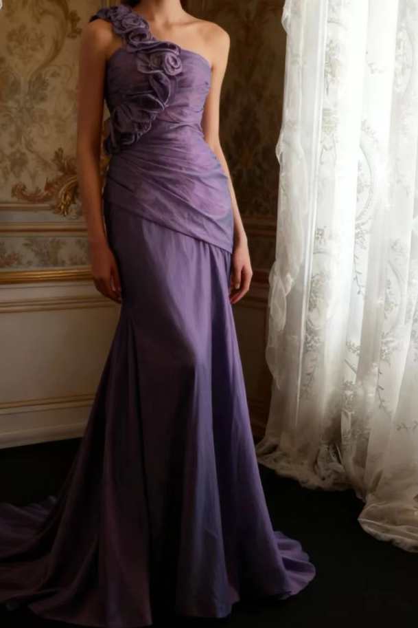 Elegant Purple One Shoulder Satin Floral Mermaid Long Party Dress Formal Wedding Guest Dress D2312