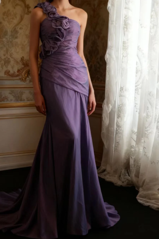 Elegant Purple One Shoulder Satin Floral Mermaid Long Party Dress Formal Wedding Guest Dress D2312