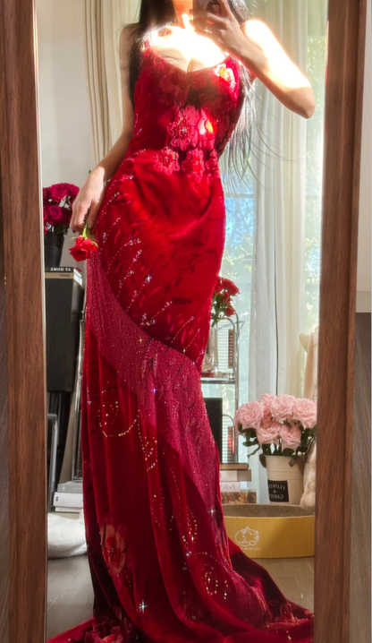 Unique Red Spaghetti Straps Velvet Sequin Mermaid Evening Dress Long Party Dresses D2302