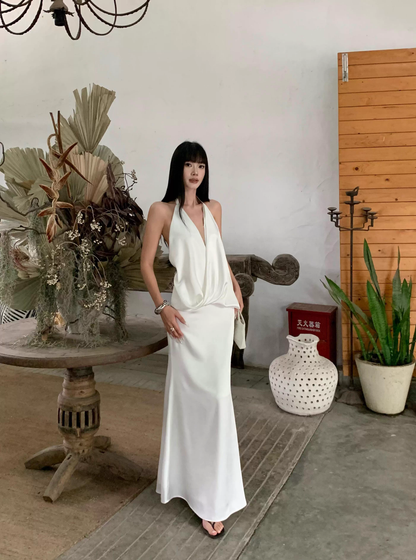 Sexy Halter V Neck White A Line Long Party Dress Formal Backless Evening Gown