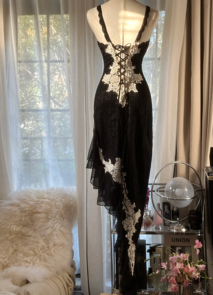 Sexy Black Spaghetti Straps Lace Appliques Mermaid Evening Dress Long Party Dress D2295