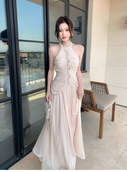 Elegant Pink Halter Tulle Sequin Beaded Mermaid Long Birthday Party Dress Formal Wedding Guest Dress SP1503