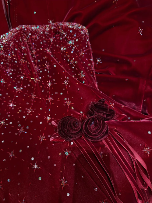Pretty Burgundy Strapless Velvet Beaded Long Birthday Party Dress Evening Dress D2040