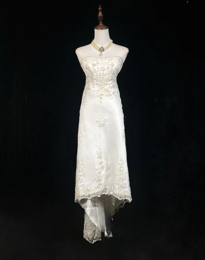 Pretty Strapless White Tulle Lace Beaded Mermaid Long Party Dress Evening Gown
