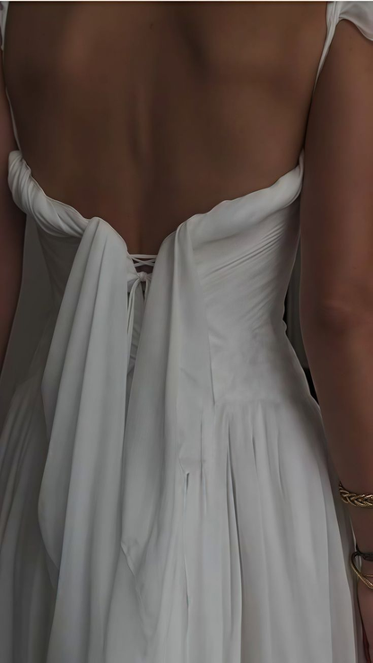 Classy V Neck White Chiffon Long Wedding Dress Bridal Dress D1922