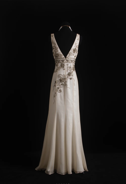Elegant V Neck Off-white Chiffon Beaded Mermaid Party Dress Long Evening Gown