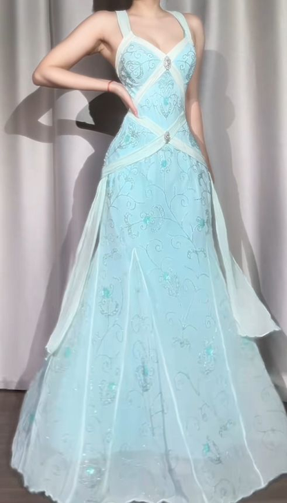 Classy Light Blue V Neck Chiffon Beaded Mermaid Long Party Dress Backless Evening Gown