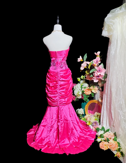 Sexy Hot Pink Satin Beaded Mermaid Long Party Dress Formal Wedding Guest Dress D2377