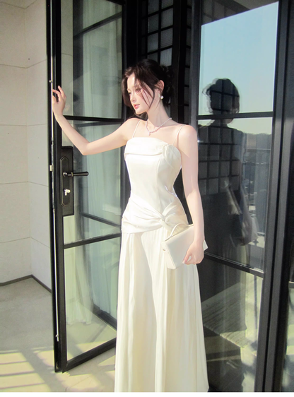 Pretty Spaghetti Straps Light Apricot Satin A Line Long Wedding Guest Dress Formal Birthday Party Dress Prom Gown SP1501