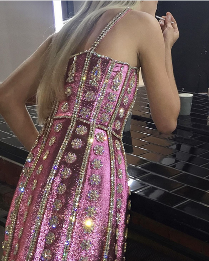 Gorgeous Spaghetti Straps Pink Sequin Beaded Cocktail Dress Short 8th Grade Homecoming Dress D443