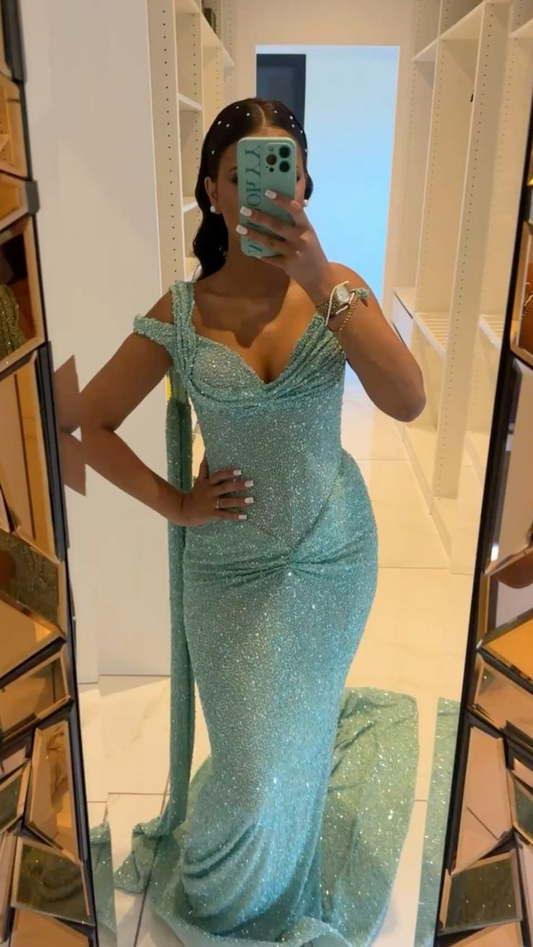 Shiny Sequin Pleated Mermaid Party Dress Blue One Shoulder Long Evening Gown