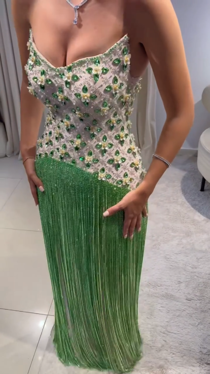 Luxury Strapless Satin Beaded Tassel Green Long Prom Gown Formal Evening Dress