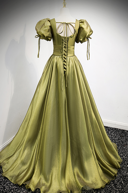 Green v neck tulle long prom dress A line evening dress Y898