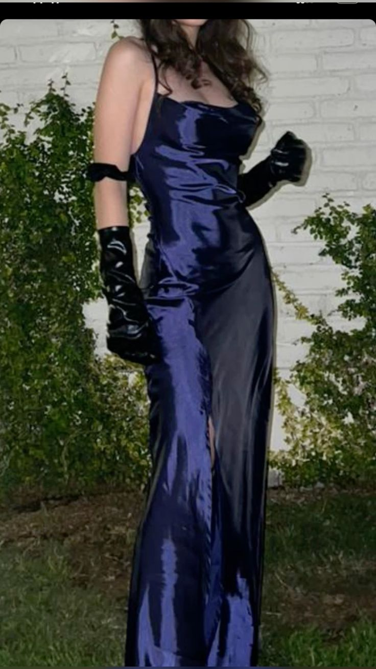 Stylish Spaghetti Straps Navy Blue Slit Mermaid Evening Dress Long Prom Gown