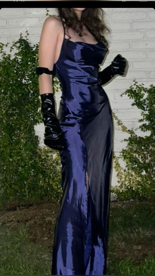 Stylish Spaghetti Straps Navy Blue Slit Mermaid Evening Dress Long Prom Gown