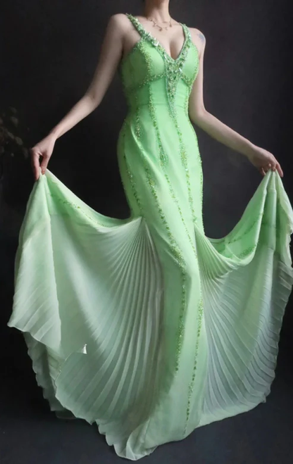 Classy V Neck Green Chiffon Beaded Mermaid Long Party Dress Evening Gown