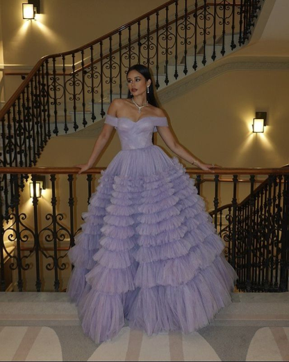 Sweet Lavender Off The Shoulder Tulle Pleated Ball Gown Formal Quinceanera Dress SP579