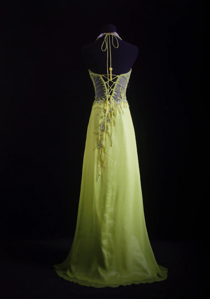Chic Green Halter V Neck Satin Chiffon Beaded Mermaid Long Party Dress Evening Gown