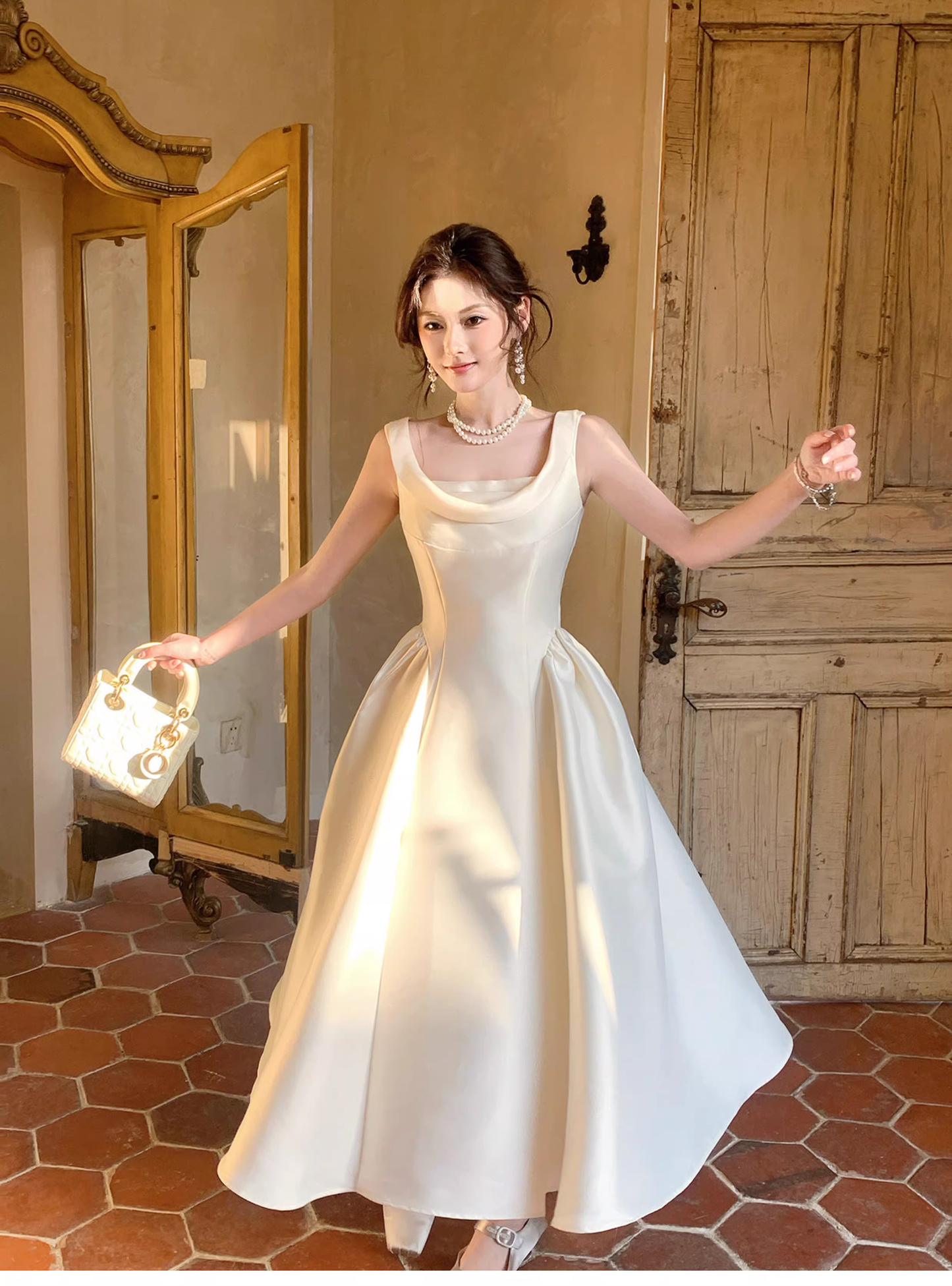 Elegant White Sleeveless Satin A Line Long Wedding Guest Dress Formal Birthday Evening Dress SP1641