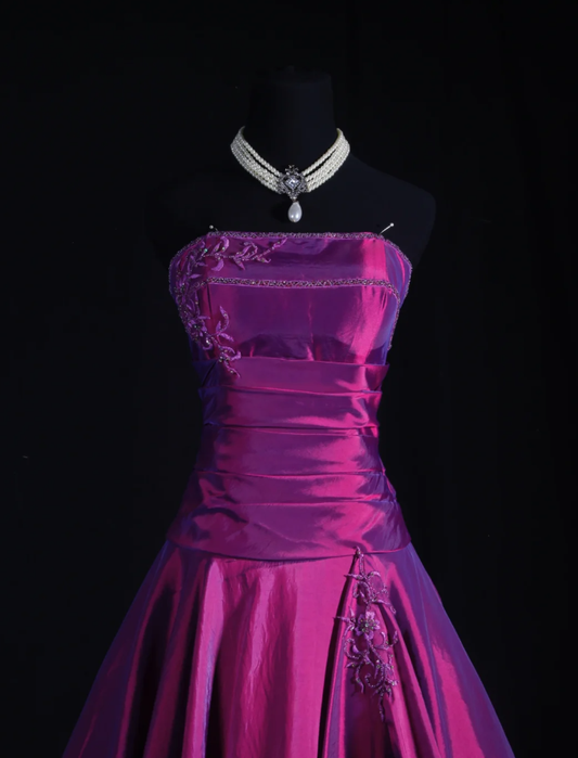 Glamorous Strapless Satin Ball Gown Purple Embroidery Beaded Long Birthday Party Dress Prom Gowns